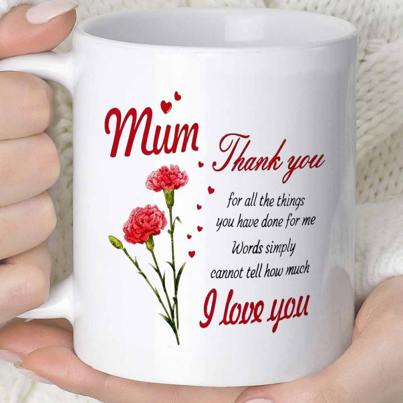 Tailorly White Ceramic 11 oz Mug - Mum Thank You I Love You Vibrant Red Blossoming Flowers Decorated With Tiny Floating Sweet Hearts Carnation