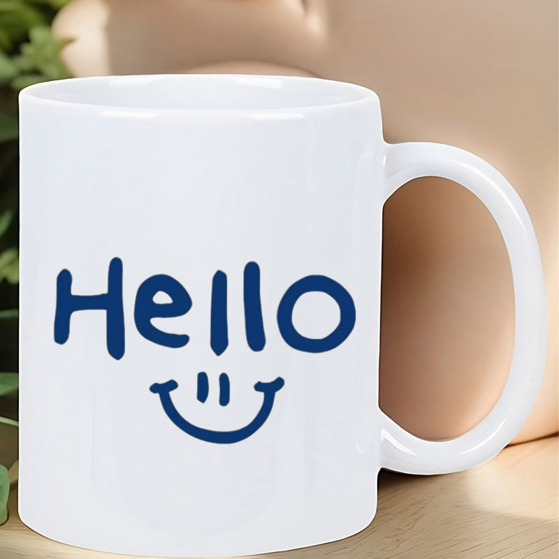 Tailorly White Ceramic 11 oz Mug - Hello Minimalist Navy Blue Hand Drawn Cheerful Expression Below Text Face