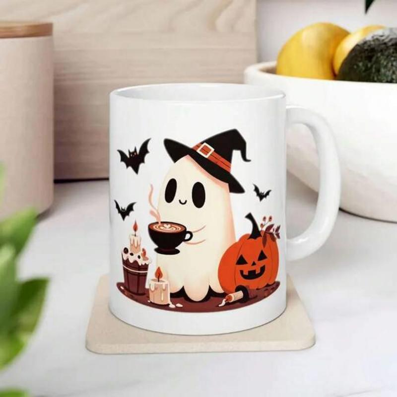 Tailorly White Ceramic 11 oz Mug - Adorable Little Spirit Wearing Pointy Witch Hat Among Spooky Halloween Bats Ghost