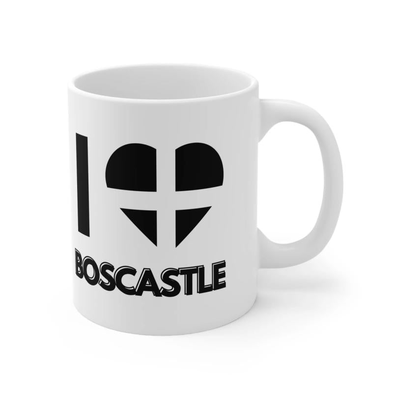 Tailorly White Ceramic 11 oz Mug - I Boscastle Minimalist Black And White Theme Featuring Cornish Regional Pride Flag Heart