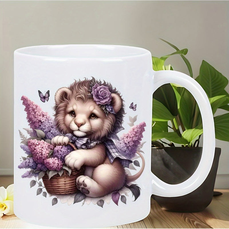 Tailorly White Ceramic 11 oz Mug - Cute Cartoon Lion Holding A Basket Of Purple Floral Blooms Surrounded By Butterflies Lion