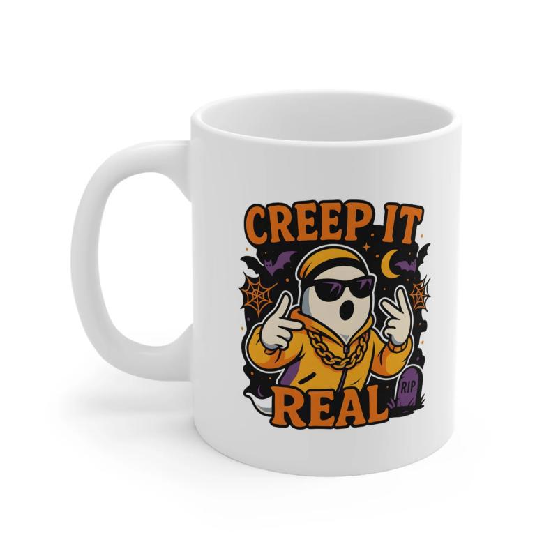 Tailorly White Ceramic 11 oz Mug - Creep It Real Cartoon Halloween Character Wearing Sunglasses And Gold Chain Among Bats Ghost