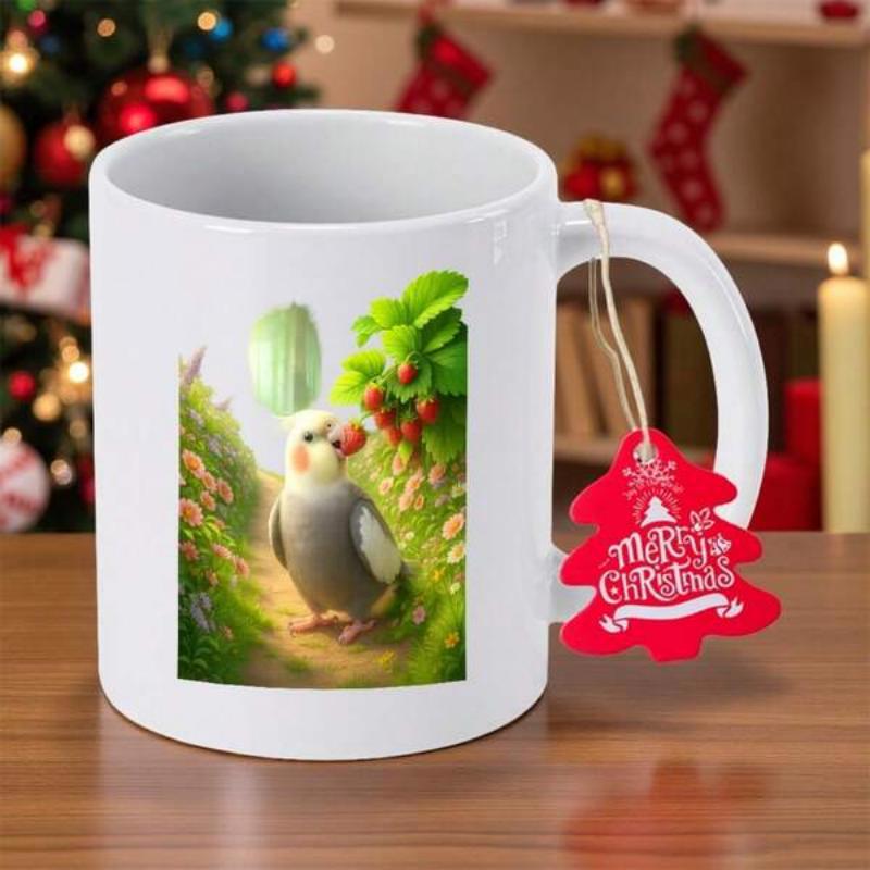 Tailorly White Ceramic 11 oz Mug - Merry Christmas Vibrant Garden Orchard With Lush Green Leaves And Red Berries Charming Bird