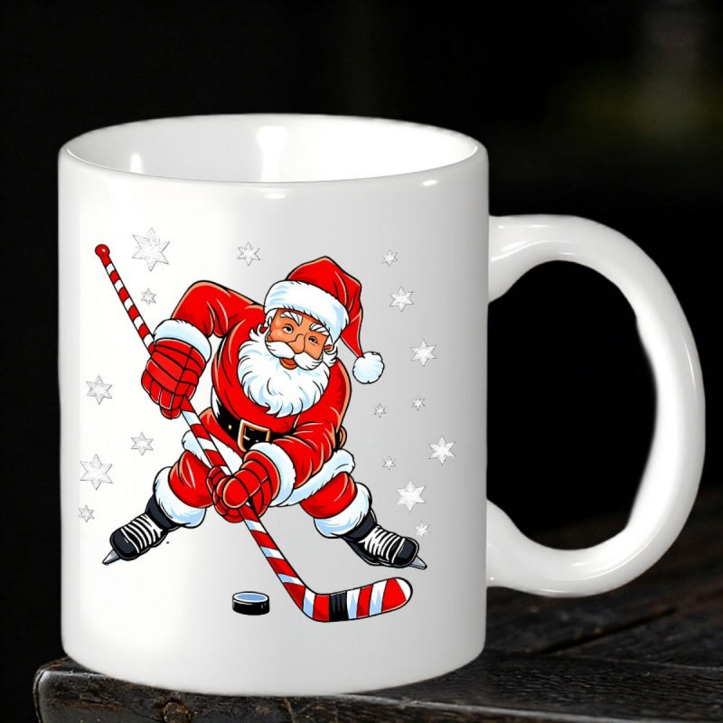 Tailorly White Ceramic 11 oz Mug - Action Skating Holiday Character Holding Candy Cane Striped Hockey Stick Santa