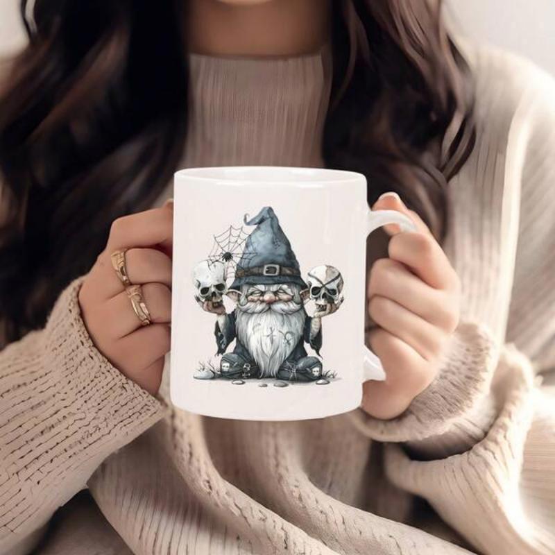 Tailorly White Ceramic 11 oz Mug - Charming Whimsical Garden Creature With Pointy Hat Surrounded By Nature Gnome
