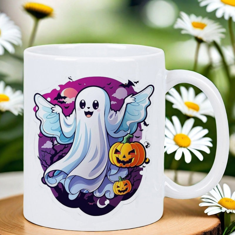 Tailorly White Ceramic 11 oz Mug - Friendly Cartoon Specter Floating Among Carved Halloween Pumpkins Under Purple Sky Ghost