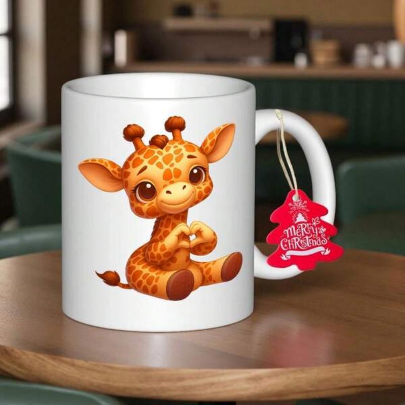 Tailorly White Ceramic 11 oz Mug - Merry Christmas Adorable Little Spotted Creature Making Heart Shape With Tiny Hooves Giraffe