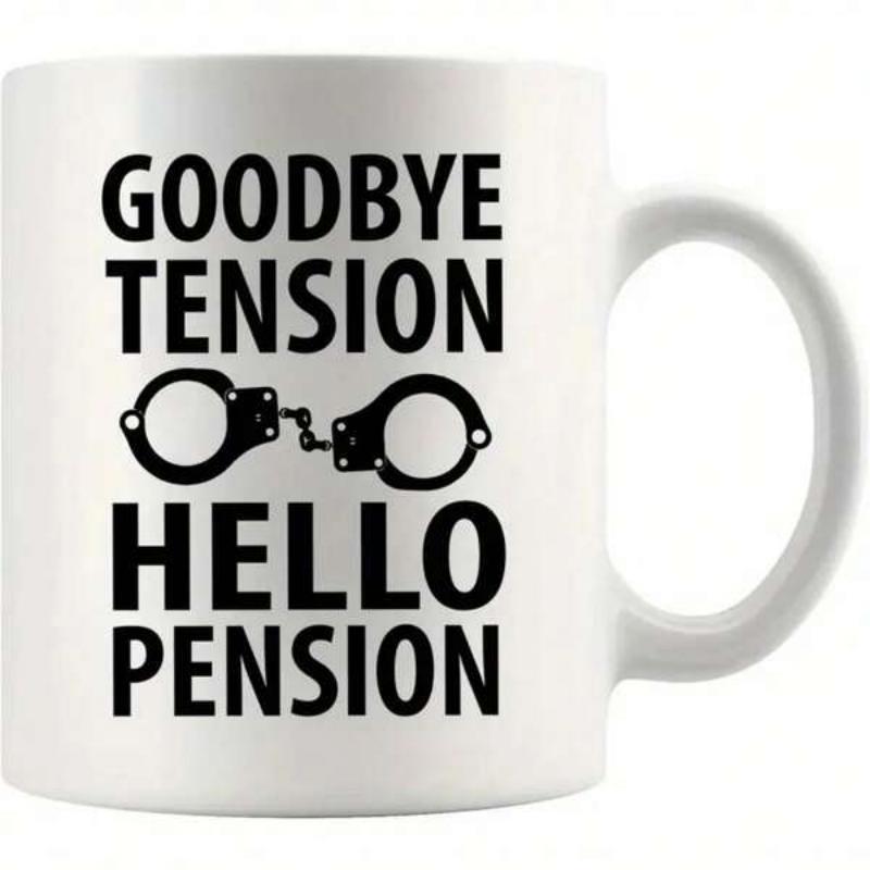 Tailorly White Ceramic 11 oz Mug - Goodbye Tension Hello Pension Simple Bold Black Typographic Style Featuring Symbolic Metal Restraint Handcuffs