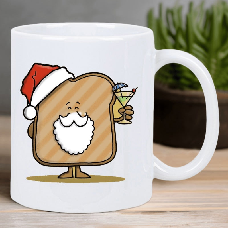 Tailorly White Ceramic 11 oz Mug - Whimsical Holiday Bread Slice Wearing Red Santa Hat Holding Cocktail Toast