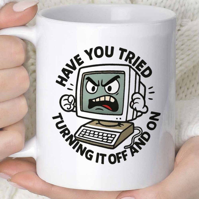 Tailorly White Ceramic 11 oz Mug - Have You Tried Turning It Off And On Vintage Angry Cartoon Desktop Monitor With Clenched Fists And Mechanical Keyboard Computer