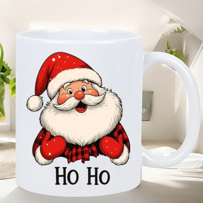 Tailorly White Ceramic 11 oz Mug - Ho Ho Jolly Cartoon Figure Wearing Red Hat And White Beard With Mittens Santa Claus