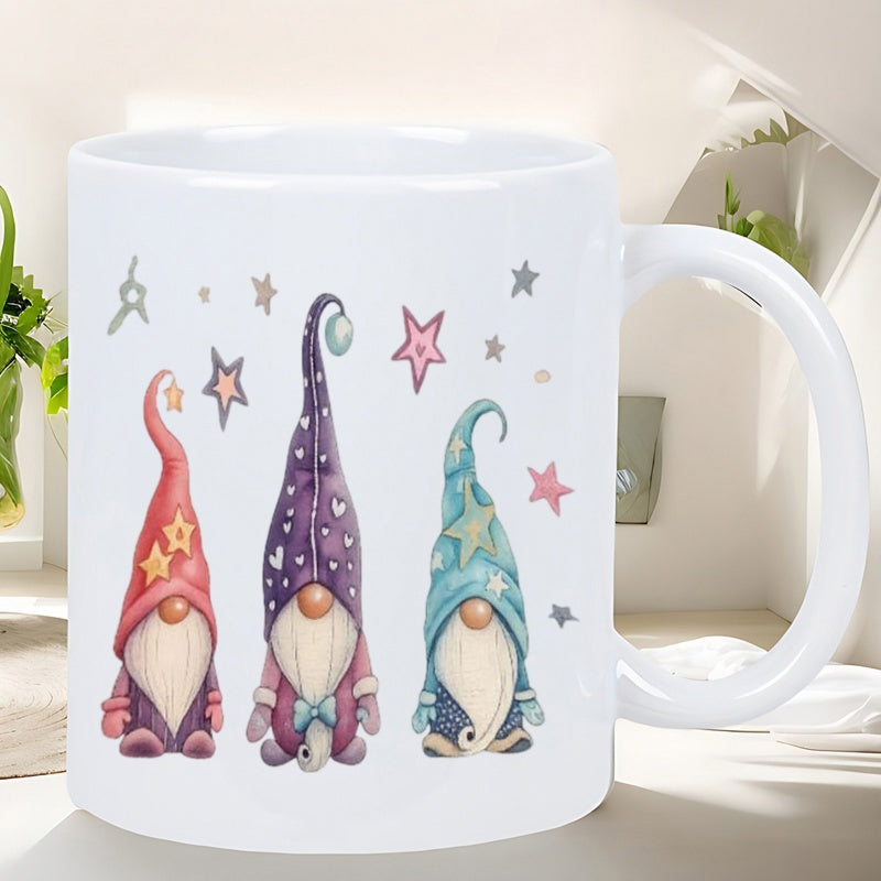 Tailorly White Ceramic 11 oz Mug - Three Whimsical Pastel Watercolor Nordic Gonks With Tiny Twinkling Magic Gnome