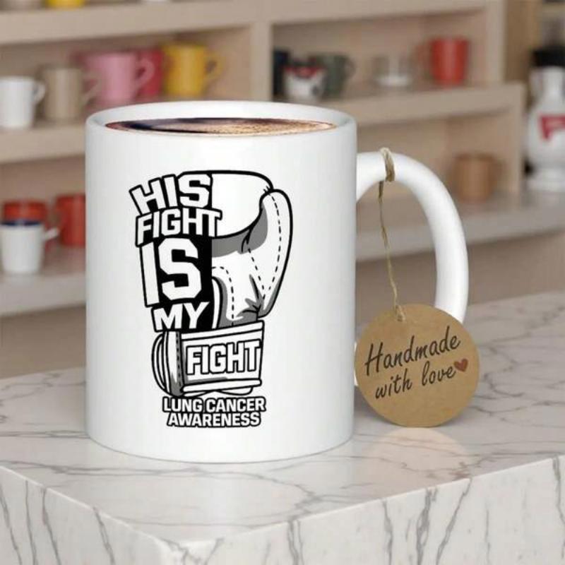 Tailorly White Ceramic 11 oz Mug - His Fight Is My Fight Lung Cancer Awareness Powerful Black And White Boxing Glove In A Modern Minimalist Style Glove