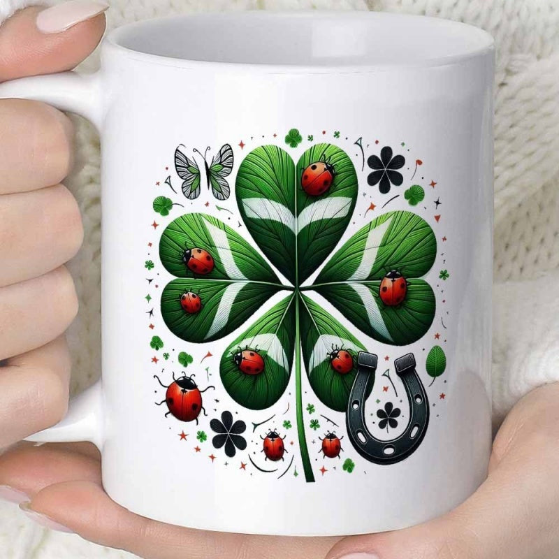 Tailorly White Ceramic 11 oz Mug - Vibrant Green Ladybugs Crawling On Lucky Horseshoe Among Small Flowers Clover