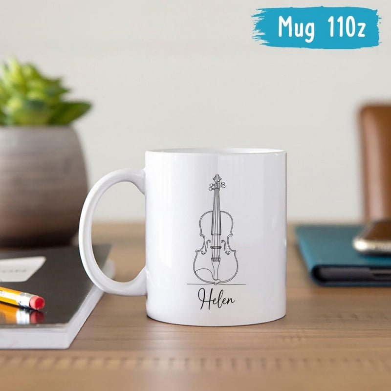 Tailorly White Ceramic 11 oz Mug - Helen Simple Black Line Drawing Of A Classical String Instrument Musical Violin