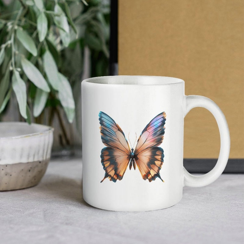 Tailorly White Ceramic 11 oz Mug - Vibrant Wings With Blue And Orange Gradients Spreading In Elegant Flight Butterfly