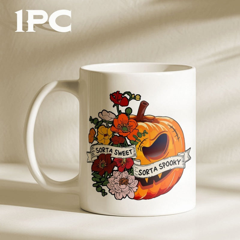Tailorly White Ceramic 11 oz Mug - Sorta Sweet Sorta Spooky Vibrant Halloween Jack O Lantern Adorned With Elegant Floral Blooms And Autumn Pumpkin