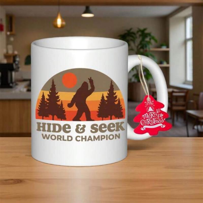 Tailorly White Ceramic 11 oz Mug - Hide And Seek World Champion Retro Sunset Silhouette Among Pine Trees In A Mysterious Forest Bigfoot