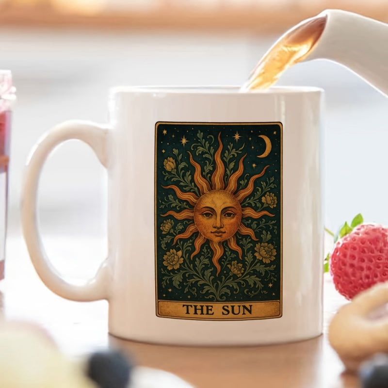 Tailorly White Ceramic 11 oz Mug - The Sun Radiant Golden Face Glowing Among Intricate Vintage Floral Vines And Twinkling Stars Sun