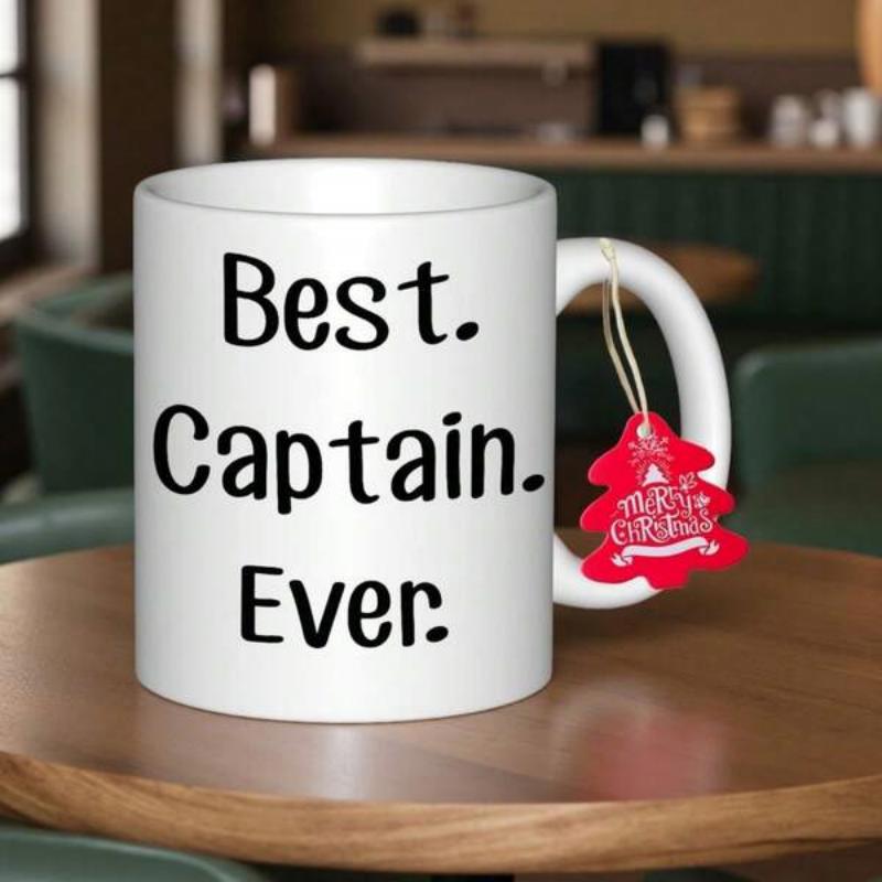 Tailorly White Ceramic 11 oz Mug - Best Captain Ever Simple Minimalist Sans Serif Font Style With Festive Red Tree Decoration Sign