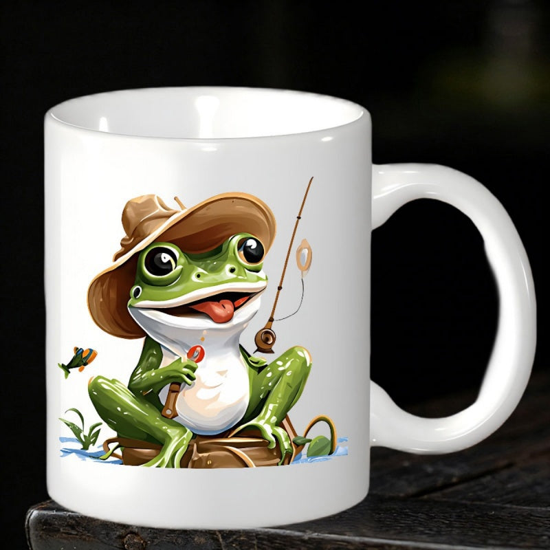 Tailorly White Ceramic 11 oz Mug - Whimsical Green Frog Wearing A Brown Hat Holding A Fishing Rod Frog