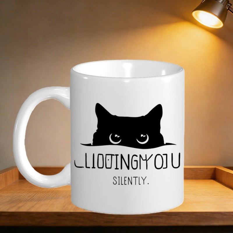 Tailorly White Ceramic 11 oz Mug - Judging You Silently Mysterious Black Peeking Over Edge With Large Curious Eyes Cat