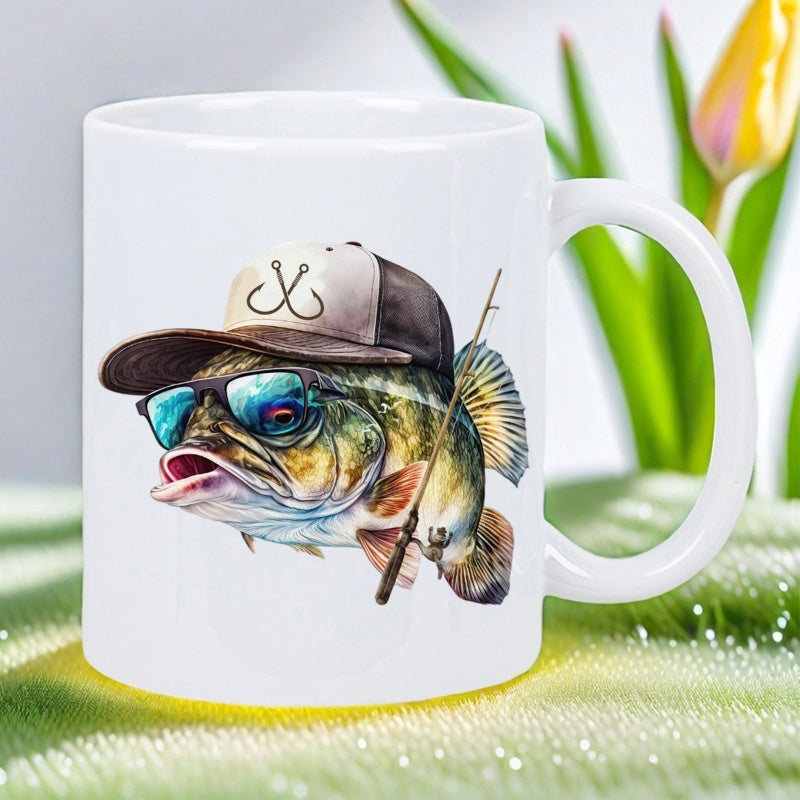 Tailorly White Ceramic 11 oz Mug - Cool Bass Wearing Stylish Blue Sunglasses And A Fishing Cap Bass