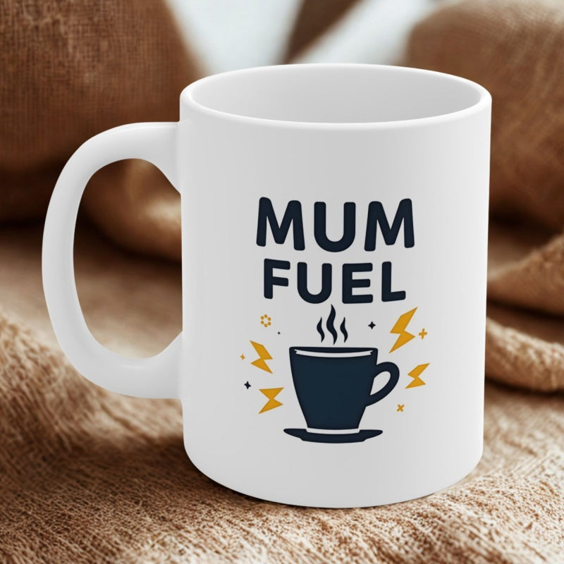 Tailorly White Ceramic 11 oz Mug - Mum Fuel Steaming Hot Coffee With Energetic Yellow Lightning Bolts Cup
