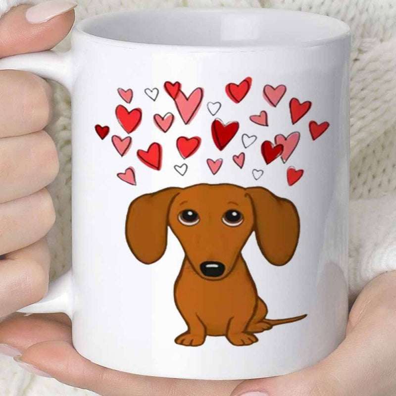 Tailorly White Ceramic 11 oz Mug - Adorable Cartoon Pattern With Many Floating Red Hearts Over A Cute Dachshund