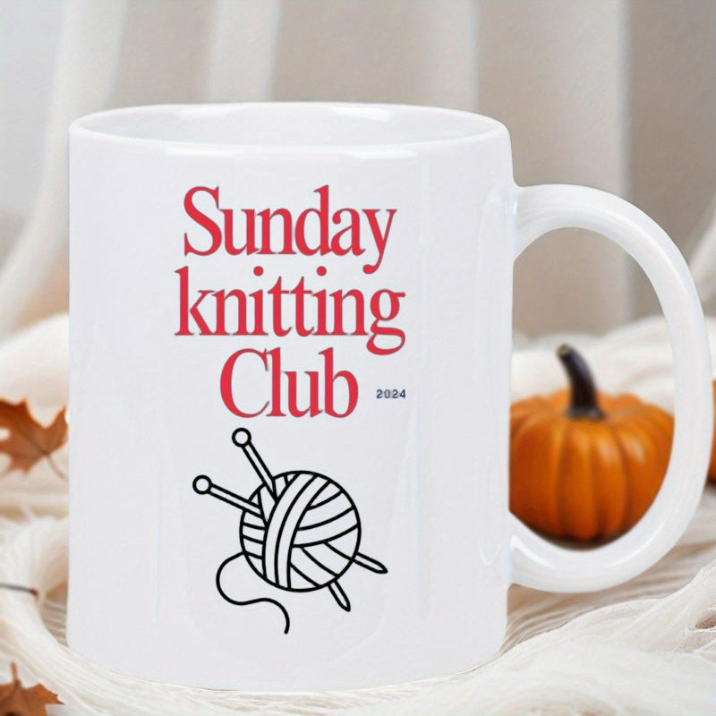 Tailorly White Ceramic 11 oz Mug - Sunday Knitting Club 2024 Simple Black Line Art Featuring A Cozy Woolen Thread Ball Yarnball
