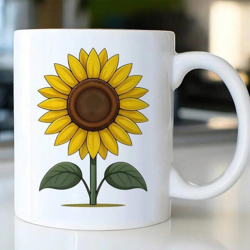 Tailorly White Ceramic 11 oz Mug - Vibrant Yellow Petals Blooming On Green Stem With Lush Leaves Sunflower