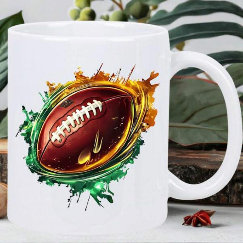 Tailorly White Ceramic 11 oz Mug - Dynamic Sports Ball With Vibrant Colorful Paint Splashes And Golden Glow Football
