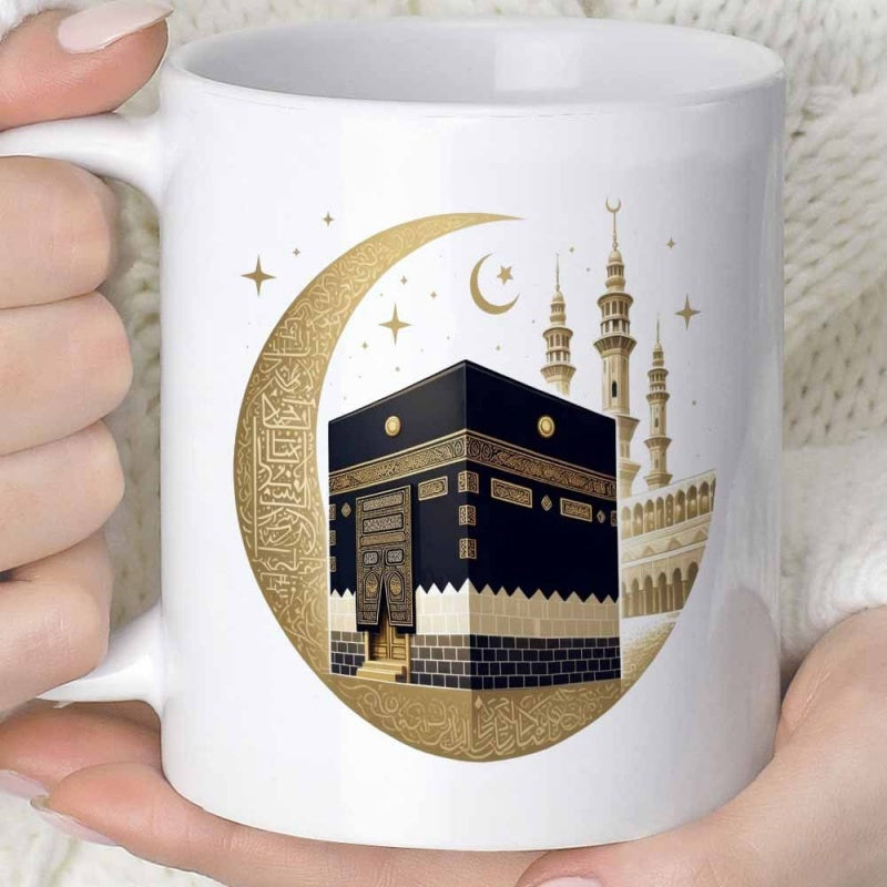 Tailorly White Ceramic 11 oz Mug - Golden Crescent Moon With Stars And Ancient Mosque Minarets Surrounding Sacred Kaaba