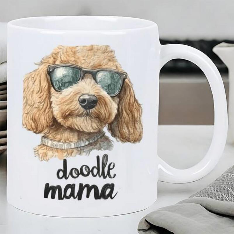 Tailorly White Ceramic 11 oz Mug - Doodle Mama Cool Brown Fluffy Dog Wearing Sunglasses With Artistic Watercolor Textures Poodle