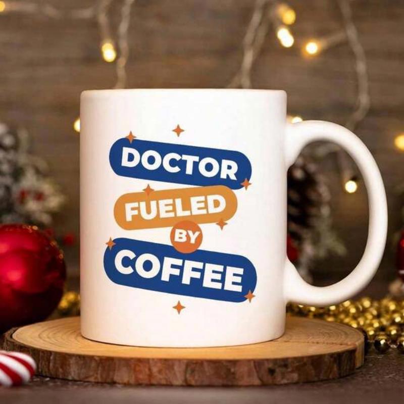 Tailorly White Ceramic 11 oz Mug - Doctor Fueled By Coffee Simple Rounded Blue And Orange Shapes With Decorative Sparkling Stars Mug