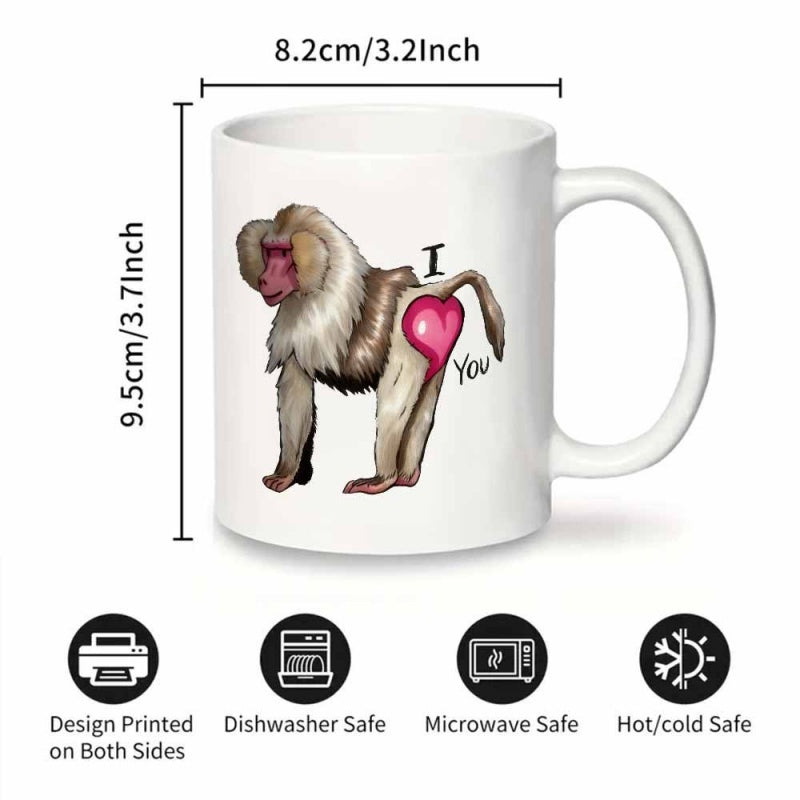 Tailorly White Ceramic 11 oz Mug - I You Detailed Primate Featuring A Pink Heart Shaped Rear Decorative Baboon