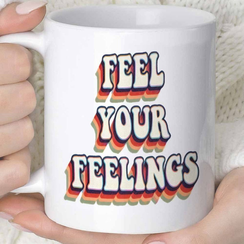 Tailorly White Ceramic 11 oz Mug - Feel Your Feelings Retro Stylized Typography Featuring Vibrant Colorful Layered Shadow Aesthetic Ceramic Mug