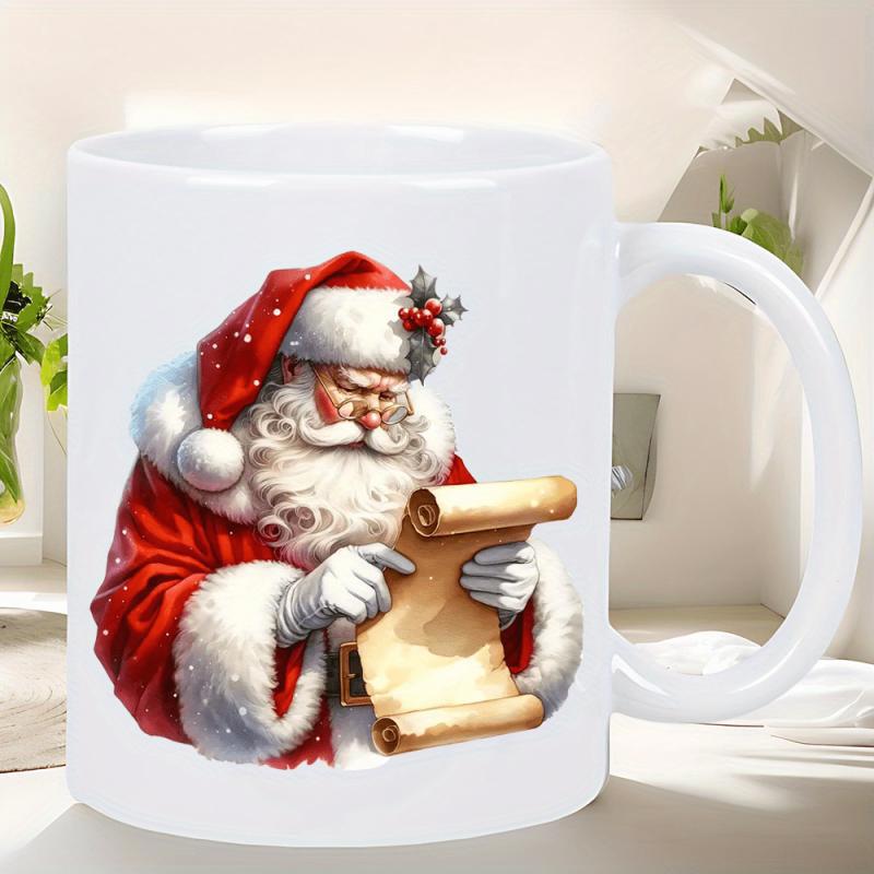 Tailorly White Ceramic 11 oz Mug - Festive Figure Wearing Red Suit Reading An Ancient Golden Paper Scroll Santa Claus