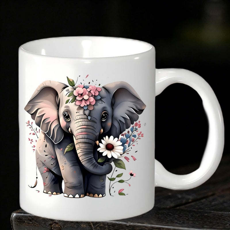 Tailorly White Ceramic 11 oz Mug - Cute Baby Elephant With Floral Crown Holding A Delicate White Daisy Elephant