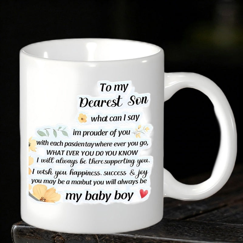Tailorly White Ceramic 11 oz Mug - To My Dearest Son Delicate Yellow Flowers And Green Leaves With A Tiny Red Heart Mug