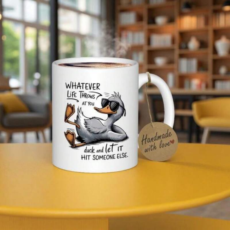 Tailorly White Ceramic 11 oz Mug - Whatever Life Throws At You Duck And Let It Hit Someone Else Funny Cartoon Character Wearing Cool Sunglasses Lounging