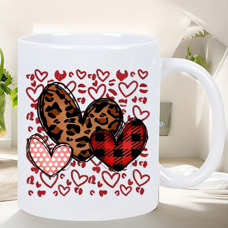 Tailorly White Ceramic 11 oz Mug - Leopard Plaid And Polka Dot Patterns Within A Decorative Romantic Heart