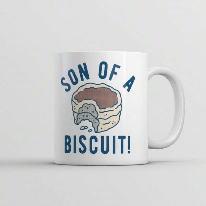 Tailorly White Ceramic 11 oz Mug - Son Of A Biscuit Cartoon Style Hand Drawn Delicious Snack With A Missing Bite Biscuit