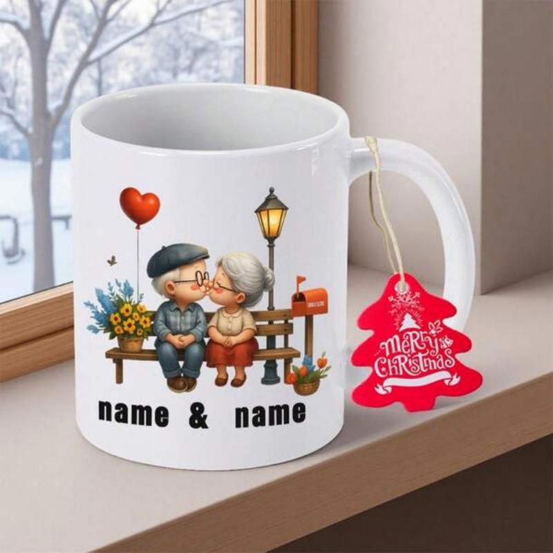 Tailorly White Ceramic 11 oz Mug - Merry Christmas Loving Elderly Couple Kissing On Park Bench Beside Vintage Street Lamp Couple