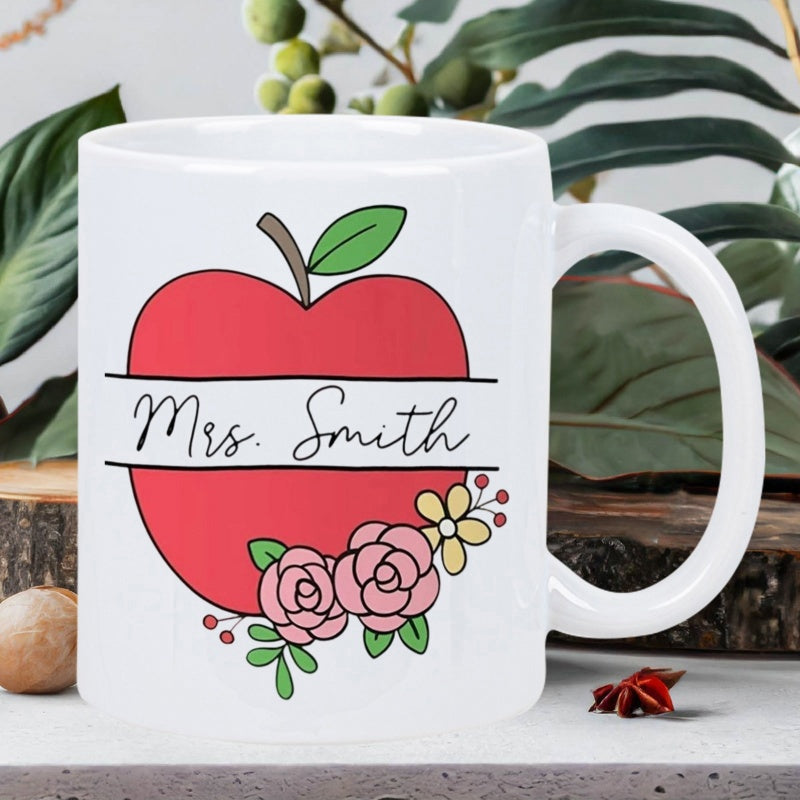 Tailorly White Ceramic 11 oz Mug - Mrs Smith Vibrant Red Apple Decorated With Delicate Pink Roses And Blooming Floral Accents Apple