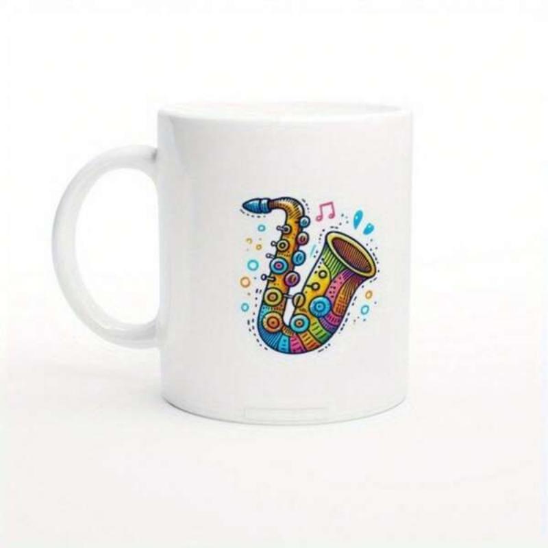 Tailorly White Ceramic 11 oz Mug - Vibrant Colorful Musical Notes Surrounding A Jazzy Creative Stylized Saxophone