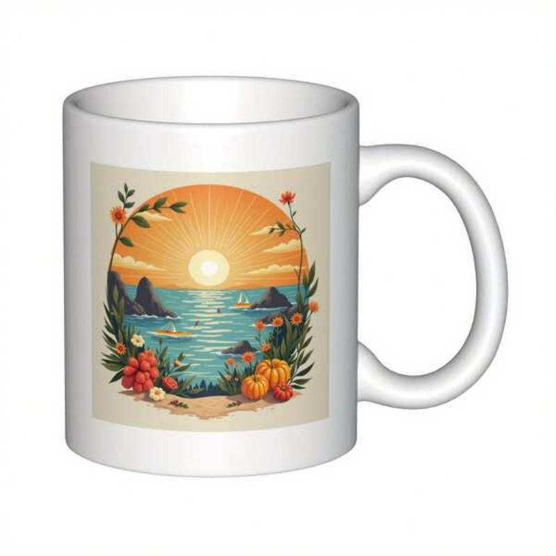 Tailorly White Ceramic 11 oz Mug - Vibrant Tropical Coastal View With Blooming Flowers And Ripening Fruit Sunset