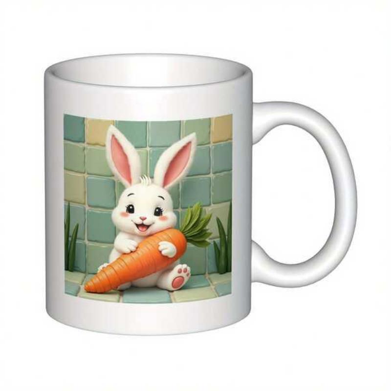 Tailorly White Ceramic 11 oz Mug - Adorable Fluffy White Bunny Holding A Large Orange Ripe Fresh Carrot Rabbit