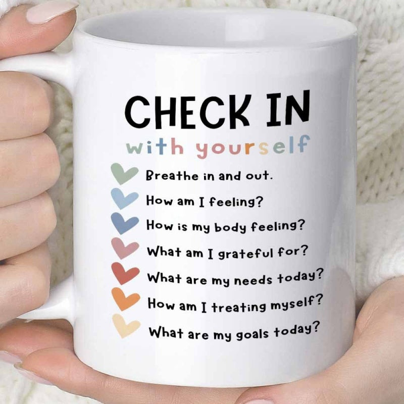 Tailorly White Ceramic 11 oz Mug - Check In With Yourself Vibrant Colorful Hearts Lined Up Vertically In A Sequence For Wellness Heart