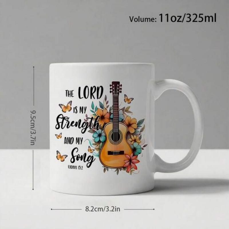 Tailorly White Ceramic 11 oz Mug - The Lord Is My Strength And My Song Acoustic Guitar Surrounded By Blooming Flowers And Graceful Butterflies Guitar